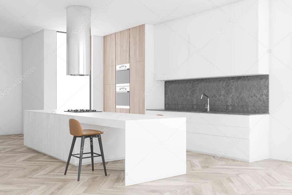 White and wooden kitchen corner with bar