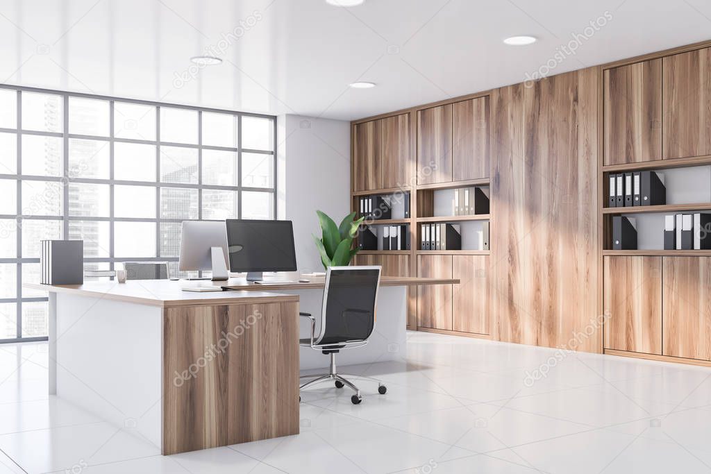 White CEO office corner with wooden table