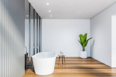 Küvetli beyaz ve gri banyo, yan görüş