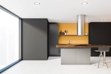 Barlı panoramik sarı ve gri mutfak