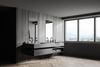 Gri ve ahşap banyo köşesi, çift lavabo