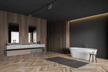 Gri kiremit ve ahşap banyo köşesi