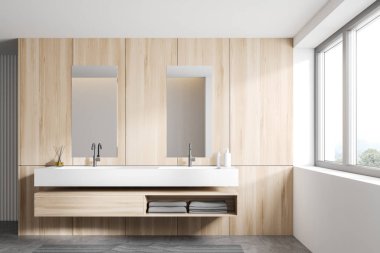 Beyaz ve ahşap banyo iç, çift lavabo