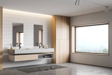 Lavabolu beyaz fayans ve ahşap banyo köşesi