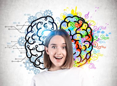 Mutlu genç kız, sol ve sağ beyin