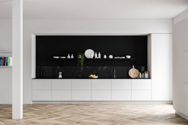 Beyaz ve siyah mutfak, tezgah ve sütun