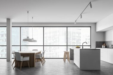 Bar ve masalı panoramik beyaz mutfak