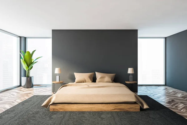 Panoramik gri ana yatak odası iç — Stok fotoğraf