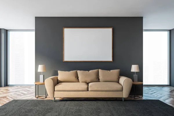 Salón gris con sofá beige y póster — Foto de Stock