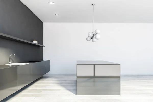 Side view of white and black kitchen with island — 스톡 사진