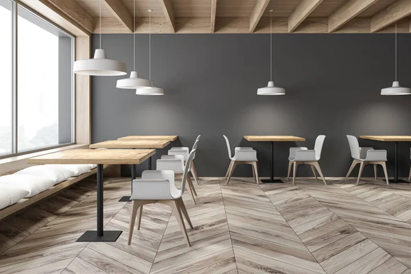 Gray en houten loft cafe interieur met banken — Stockfoto