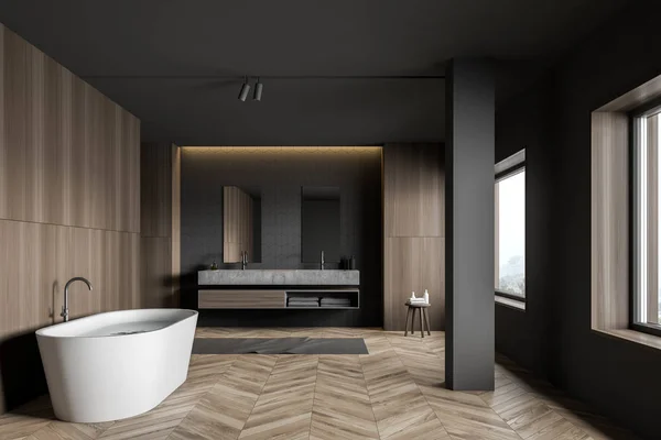 Azulejo cinza e interior banheiro de madeira — Fotografia de Stock
