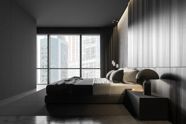 Wooden and gray master bedroom, side view — 스톡 사진