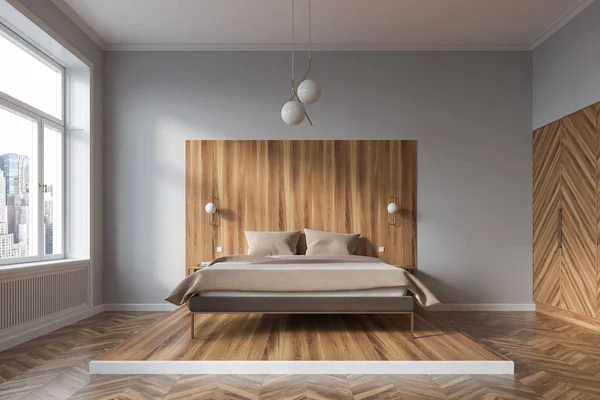 Biała i drewniana sypialnia z szafą — Zdjęcie stockowe