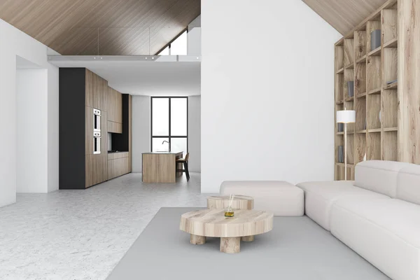 Bílý podkrovní obývací pokoj a kuchyňský interiér — Stock fotografie