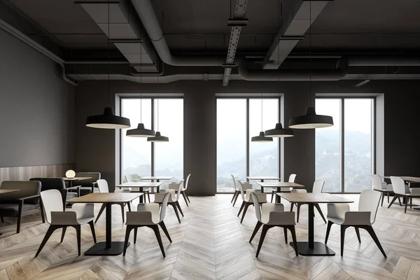 Industrial style restaurant with gray walls