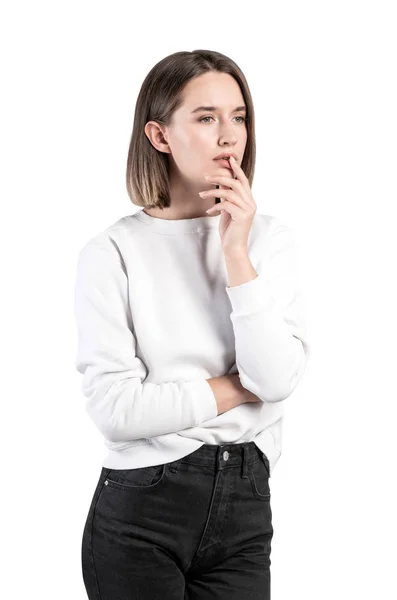 Thoughtful young casual woman, isolated — 스톡 사진