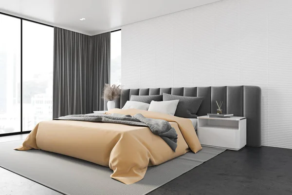 White master bedroom corner with gray bed — Stock Photo, Image