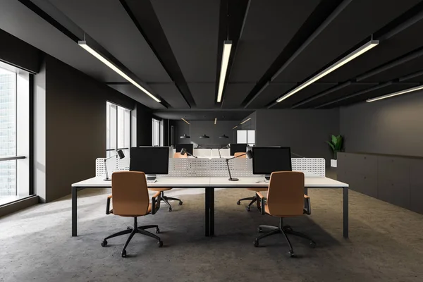Dark gray open space office with orange chairs — Stock Photo, Image