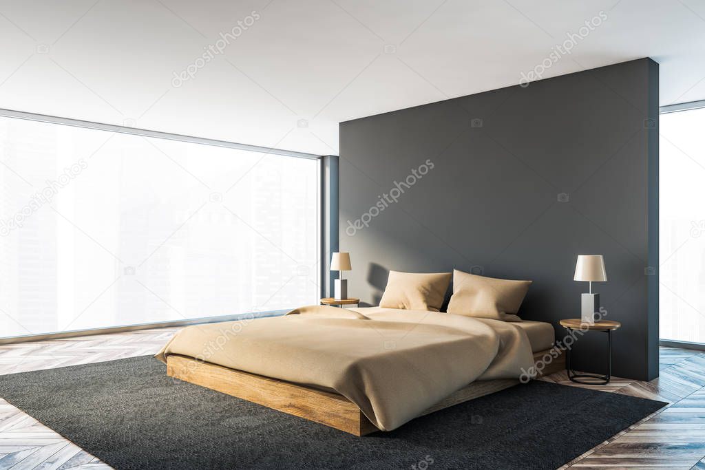 Panoramic gray master bedroom corner
