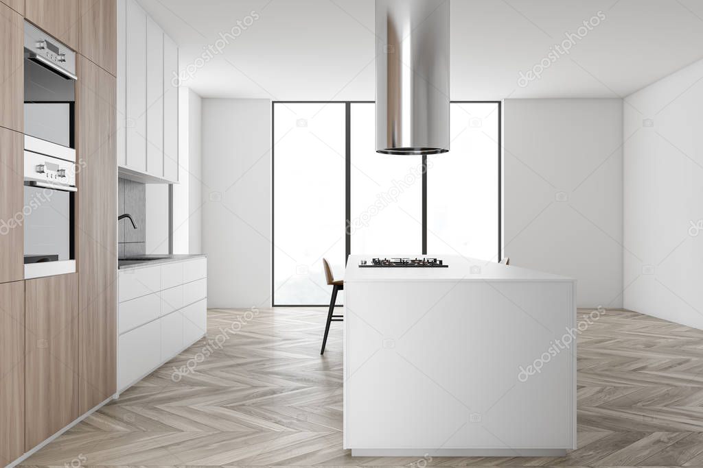 White and wooden kitchen with bar, side view
