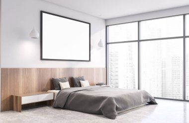 Beyaz yatak odası köşesi posterli.