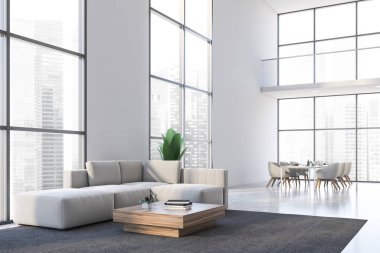 Beyaz oturma odası ve yemek odası köşesi