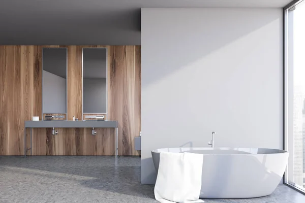Wooden and light gray bathroom interior — Stock Photo, Image