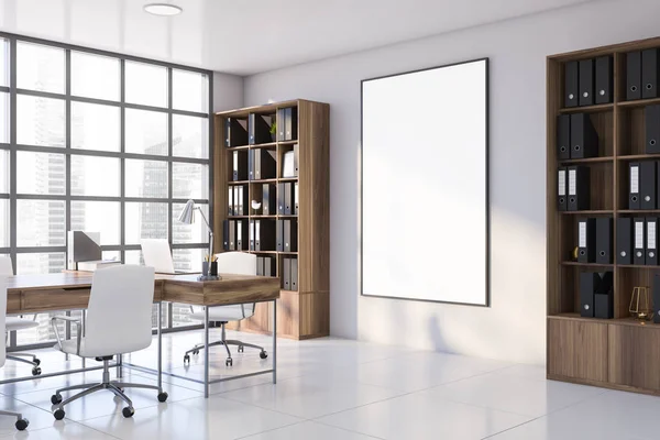 White CEO office with bookcase and poster — ストック写真