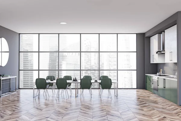 Gray and green panoramic kitchen interior — Stock Photo, Image