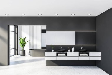 Gri ve beyaz banyo, küvet ve çift lavabo