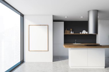 Barlı ve posterli beyaz ve gri mutfak.