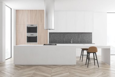 Beyaz ve ahşap mutfak bar ile iç