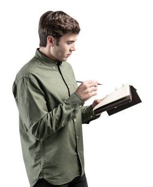 Defterli genç bir yazar, izole.