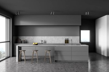 Bar ile gri ve beyaz mutfak iç