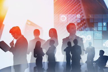 Şehirde iş ekibi, dijital arayüz