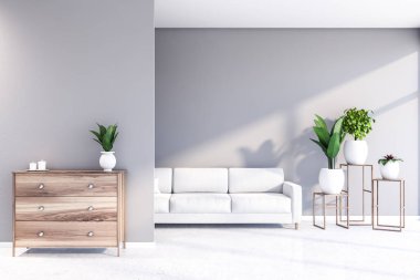 Koltuğu ve dolabı olan gri oturma odası.