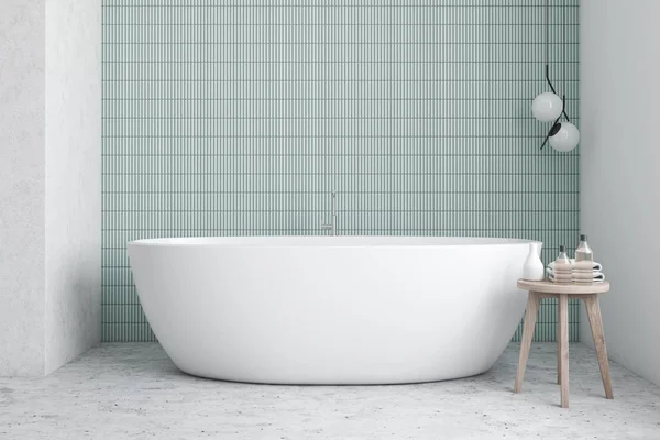 Blue and white bathroom interior with tub — Stock Photo, Image