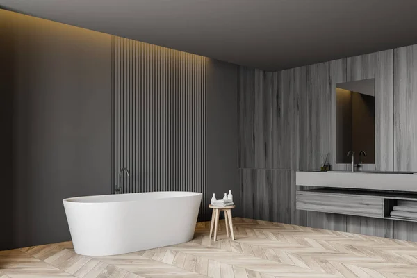 Grau und Holz Badezimmer Ecke, Badewanne und Waschbecken — Stockfoto