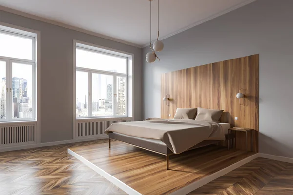 Rincón dormitorio blanco y madera con paisaje urbano — Foto de Stock
