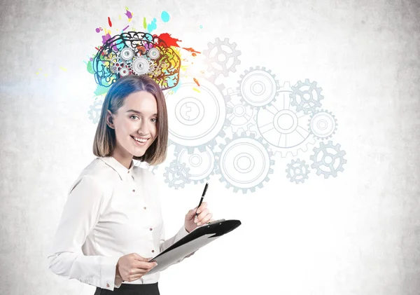 Businesswoman with clipboard, bright brain sketch — 스톡 사진