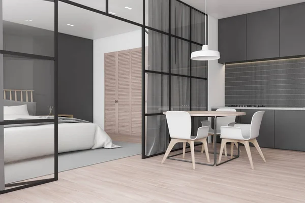 Esquina Cafetería Minimalista Con Paredes Madera Gris Suelo Madera