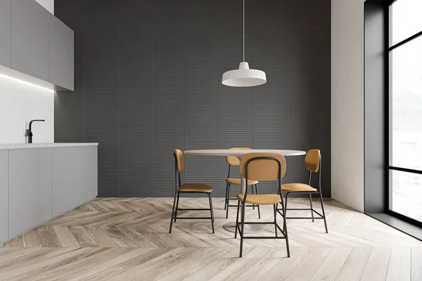 Gray kitchen interior with brown chairs — Stock Photo, Image