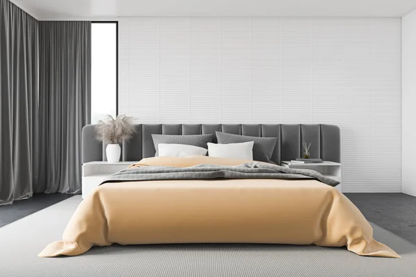 Camera da letto matrimoniale bianca con letto grigio — Foto Stock