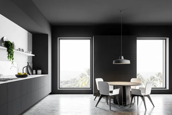 Сірий інтер'єр кухні з шафою і столом — стокове фото