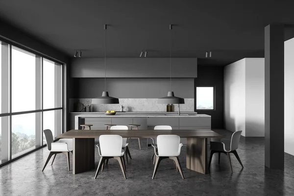 Interior de cozinha cinza e branco com mesa — Fotografia de Stock