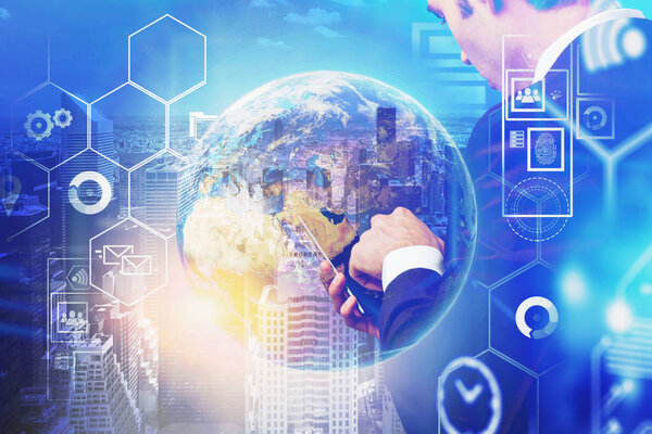 Man with phone in city, global business interface