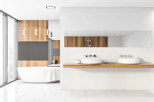 Elegante interior de baño blanco, gris y madera —  Fotos de Stock