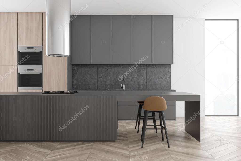 Gray and wooden kitchen interior with bar