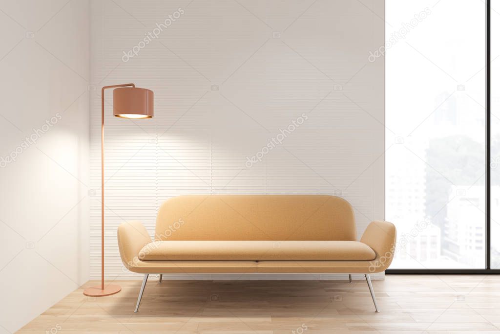 White living room interior with yellow sofa